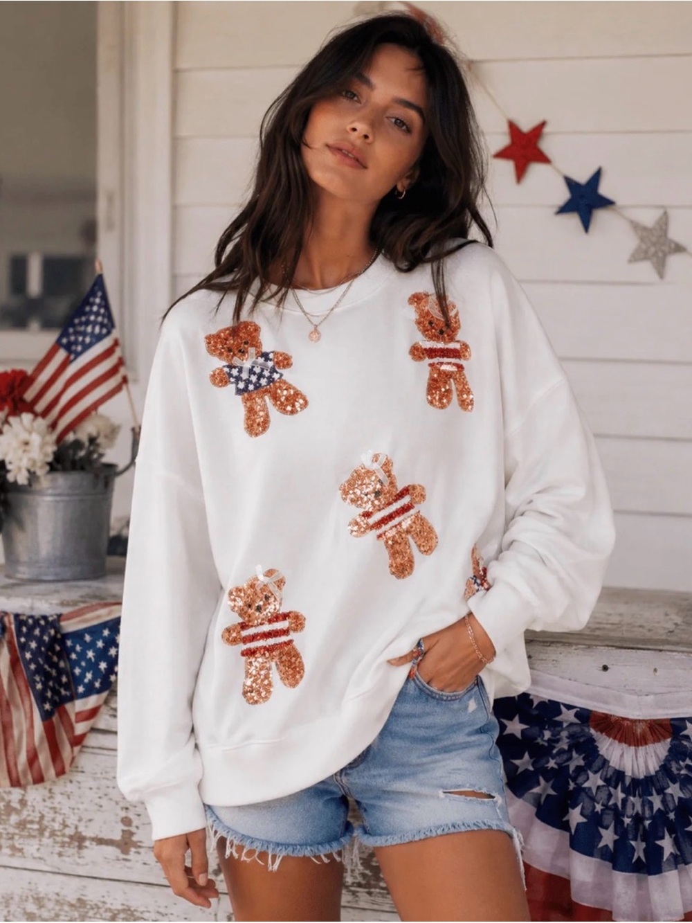 Red White and Blue Sequined Teddy Bear Sweatshirt - Picture 1 of 3